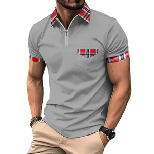 Graues Herren-Poloshirt mit Kurzarm, kariertem Kragen und Reißverschluss