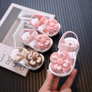 Baby Girls Summer Sandals 2024 Toddler First Walker Shoes 3D Flower Rhinestone Closed Toe PVC Non-Slip Princess Infant Sandals