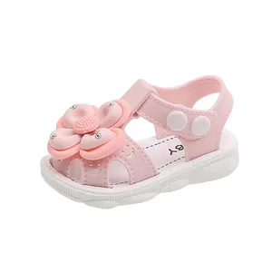 Toddler girl pink flower sandals with closed toe and soft sole for summer outdoor strolls