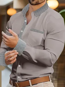 Detail view of men's grey slim fit shirt with stylish houndstooth patchwork accents