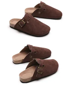 Classic brown suede cork clogs for men and women with adjustable buckle strap detail