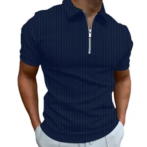 Polo casual da uomo blu navy a coste con maniche corte e colletto con zip alla moda