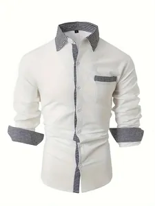 White casual shirt front view showing houndstooth contrast trim on collar and pocket