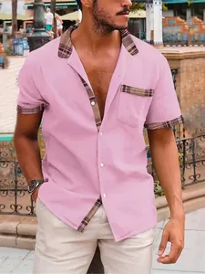 Camisa Casual de Manga Corta para Hombre Mezcla de Algodón Patchwork de Cuadros Bolsillo Solapa Top Ropa de Hombre