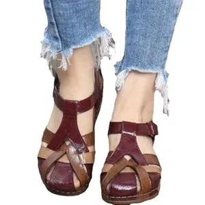 Vintage color-block hollow-out wedge sandals with adjustable cross buckle straps