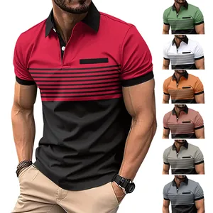 Men's casual polo shirt featuring color-block stripe patterns and short sleeves