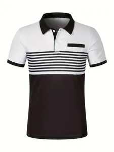 Men's casual polo shirt featuring black and white color-block stripes and faux pocket detail