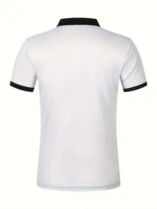 Back view of men's casual white polo shirt with contrast black collar and cuffs