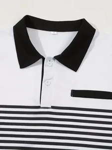 Macro view of men's casual polo shirt showing black collar and striped fabric texture