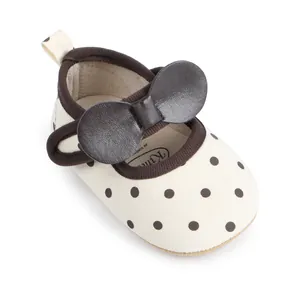 Chaussures de marche bébé fille à pois avec nœud marron et semelle en caoutchouc souple