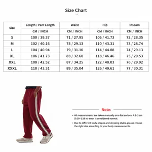 Detailed size chart guide for men's loose burgundy sport joggers with white side stripes