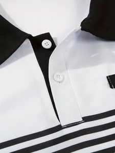 Close-up detail showing the black collar and buttons of a striped white pique polo shirt