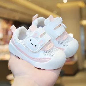 Breathable pink and white mesh baby walking shoes with cute cartoon rabbit strap