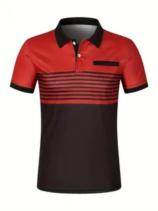 Front view of men's casual polo shirt with red and black color-block and stripes