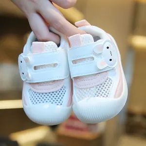 Soft-sole breathable mesh toddler walking shoes with cute bunny design in pink and white