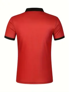 Back view of a red men's polo shirt with black contrast collar and sleeve cuffs
