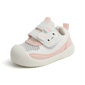 Toddler breathable mesh walking shoes in pink and white with cute rabbit strap design
