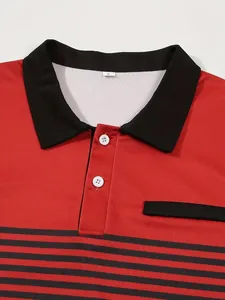 Detail of men's polo shirt showing black collar, buttons, and striped pattern