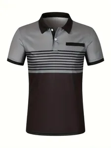 Detailed view of men's polo shirt with gray and black color block and striped pattern