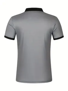 Back view detail of men's grey casual polo shirt featuring black contrast collar.