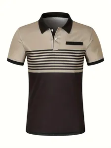 Close-up of a men's casual polo shirt featuring striped color-block and faux pocket
