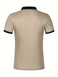 Back view of men's casual polo shirt in khaki with contrast black collar and cuffs