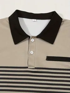 Detail view of a men's polo shirt featuring a black collar, white buttons and striped pattern.