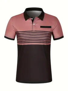 Front view of men's polo shirt with striped color block design and faux pocket detail