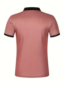 Back view of dusty rose men's casual polo shirt with black contrast collar and cuffs