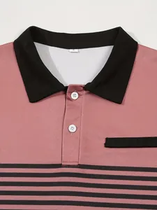 Detailed close-up view of men's pink polo shirt featuring black collar and striped pattern.