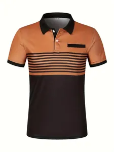 Detail view of men's casual polo shirt with color block stripes and faux pocket