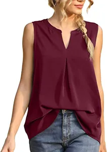 Elegant wine red V-neck sleeveless top featuring a stylish pleated front design for summer