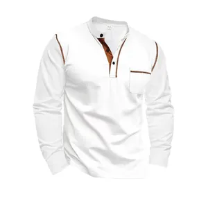 Men's casual long sleeve Henley shirt with white body and brown contrast trim