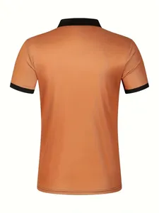 Back view of a men's casual orange polo shirt with black contrast collar and ribbed cuffs