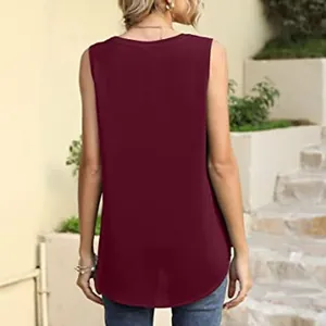 Rear view of a burgundy sleeveless tank top showing relaxed fit and curved hemline
