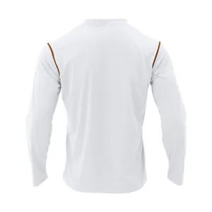 Back view of white long-sleeved Henley shirt with brown contrast piping on the shoulders.