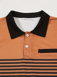Close-up detail of men's polo shirt with black collar, buttons and striped pattern