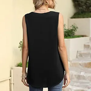 Back view showing the curved hem and relaxed fit of the black sleeveless tank top