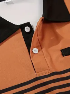 Close-up detail of men's polo shirt featuring striped pattern and button placket.