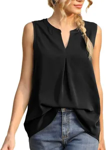 Elegant black sleeveless V-neck tank top with sophisticated pleats for summer parties