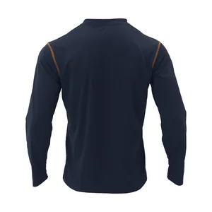 Back view of navy long-sleeved men's t-shirt with orange contrast stitching details