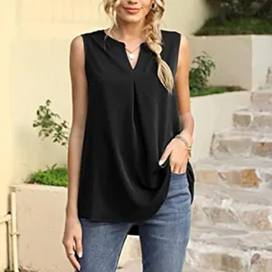 Close-up detail of women's black V-neck sleeveless pleated tank top for summer wear