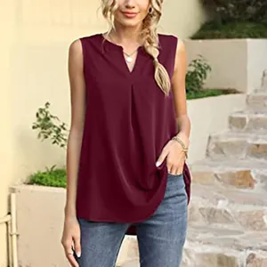 Elegant burgundy V-neck sleeveless tank top with pleated front detail for summer