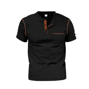 T-shirt Henley noir à manches courtes pour hommes avec coutures contrastées brunes