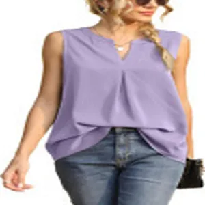 Detail of a lavender V-neck sleeveless blouse featuring soft front pleats for summer
