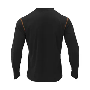 Detailed back view of a black long-sleeve Henley shirt with orange contrast stitching