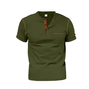 Close-up front view detail of olive green men's short sleeve Henley shirt with contrast trim