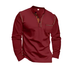 Burgundy men's casual long-sleeved Henley shirt with chest pocket and button neck