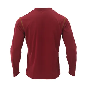 Back view of men's long-sleeve Henley shirt in burgundy with contrast stitching