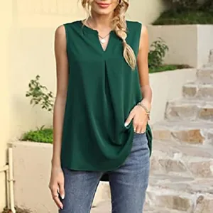 Elegant dark green V-neck sleeveless tank top with pleated front detail for summer wear
